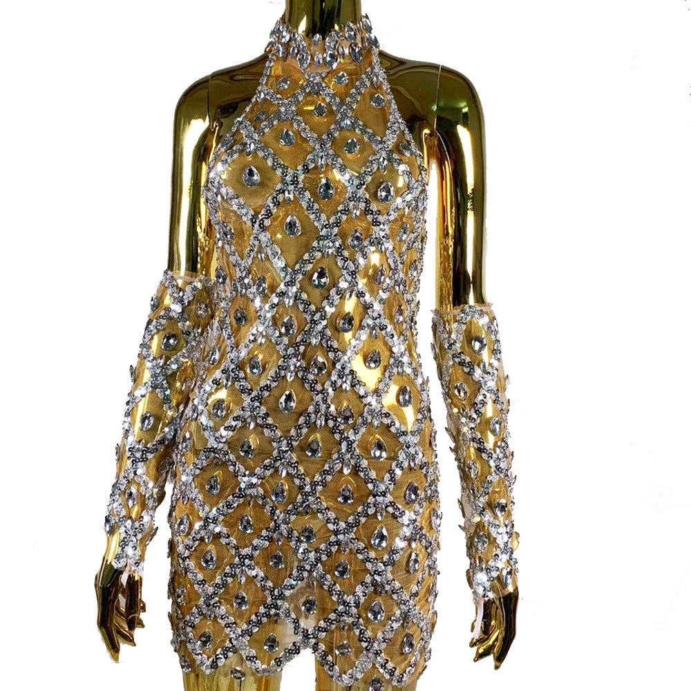 Rhinestone Plaid Sequined Gloves for a Stunning Evening Dress