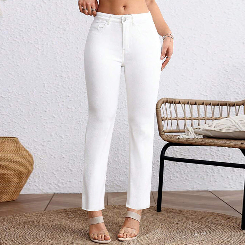 Plus Size White Cropped Straight Jeans with High Elasticity and Comfort