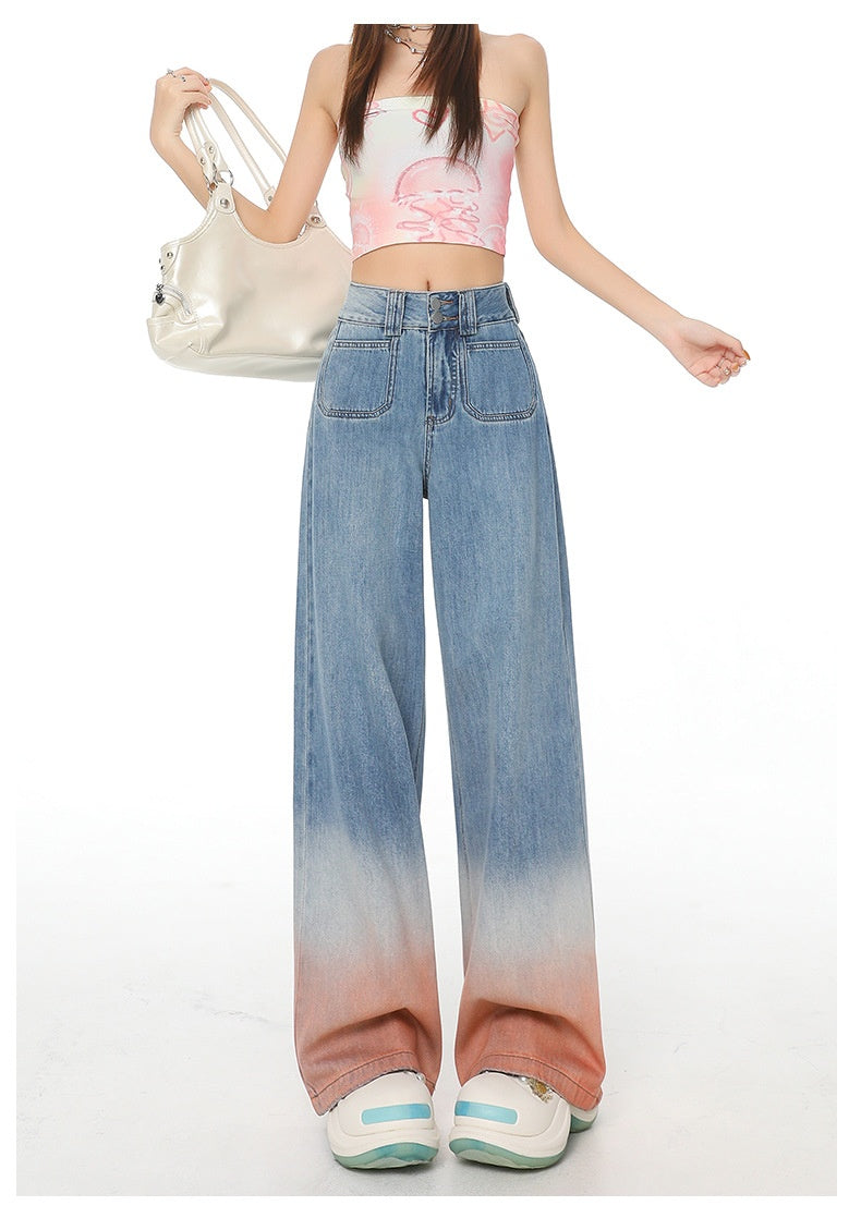 High Waist Wide Leg Jeans with Retro Blue Gradient Style