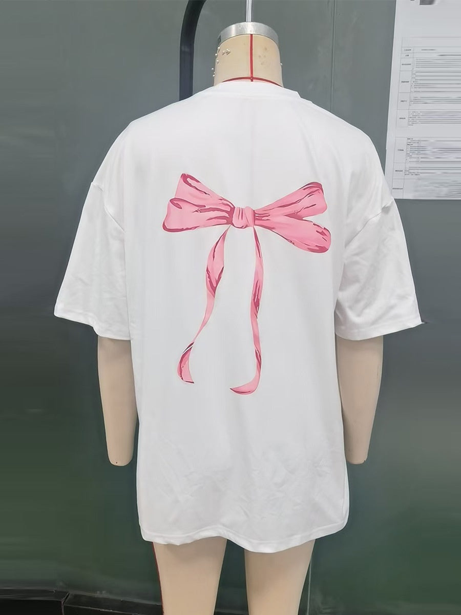 Round Neck Polyester Short-Sleeved Top with Bow Print Design