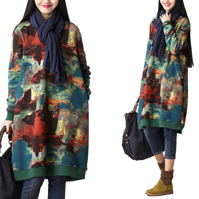 Casual Cotton and Linen Printed Long-sleeved Dress with Floral Pattern