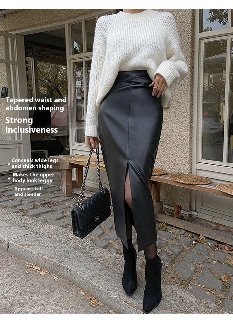 Split Leather Skirt with High Waist for Stylish Commuting Looks