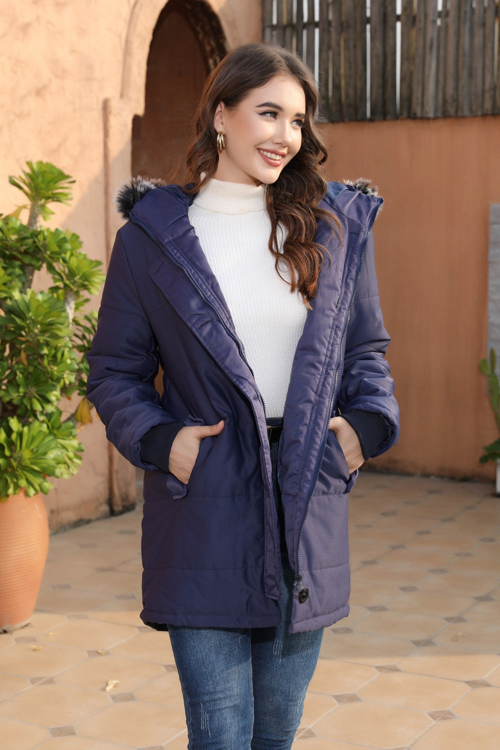 Hooded Warm Slim-fit Mid-length Coat with Fur Collar