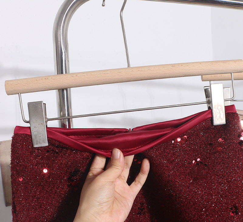 Sequined Red A-Line Skirt with High Waist Slimming Design