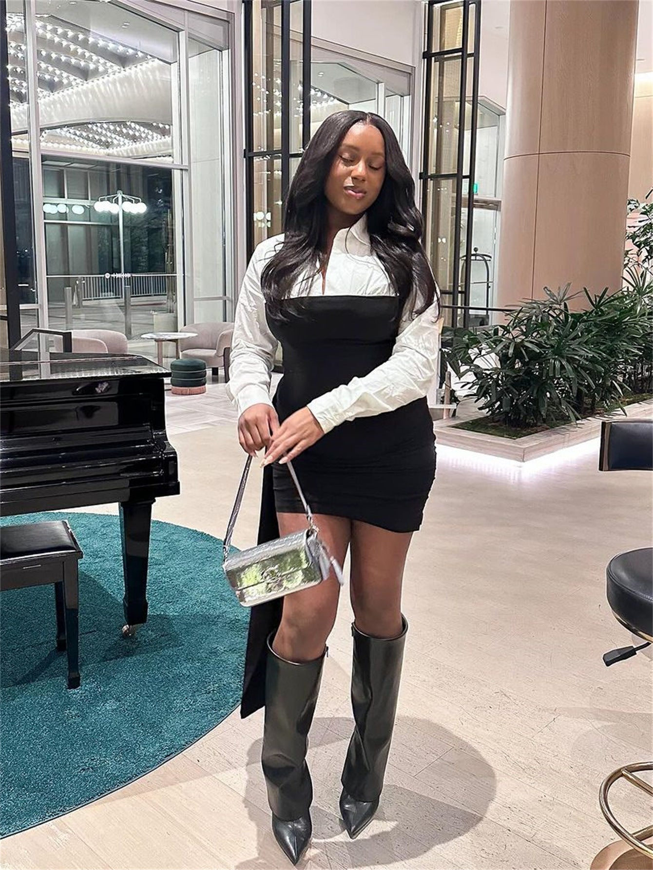 Color Contrast Patchwork Lapel Dress with Stylish Mid Waist Design