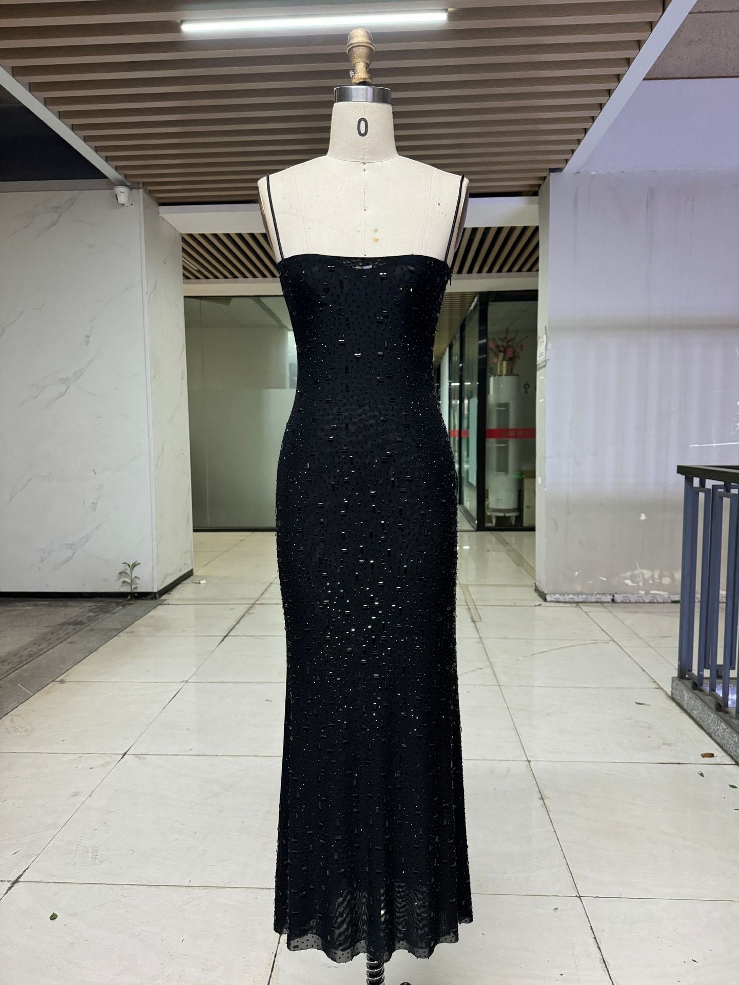 Sequin Spaghetti Strap Dress with Elegant Nude & Black Detailing