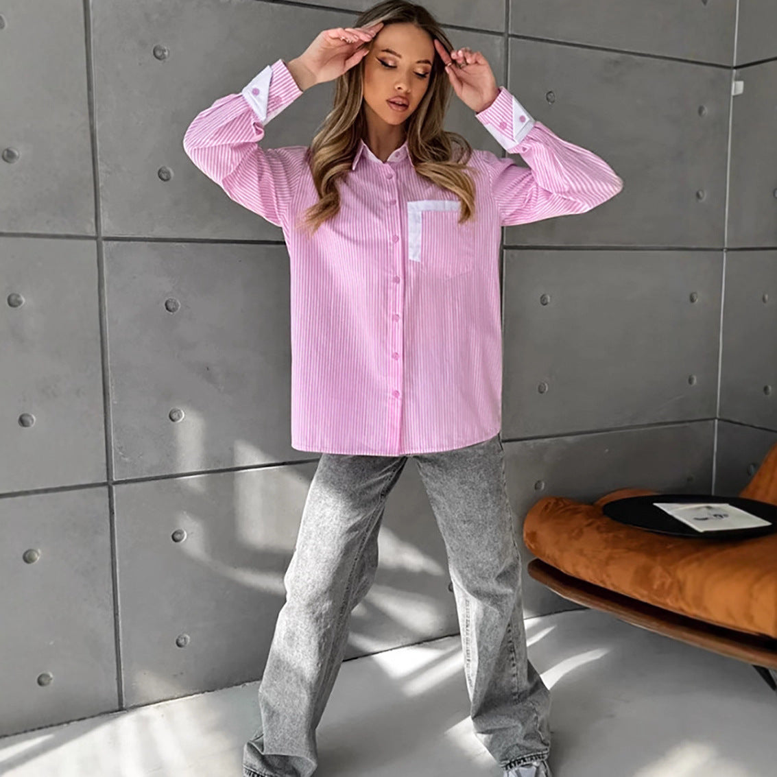 Oversize Loose Striped Blouse with Comfortable Cardigan Style