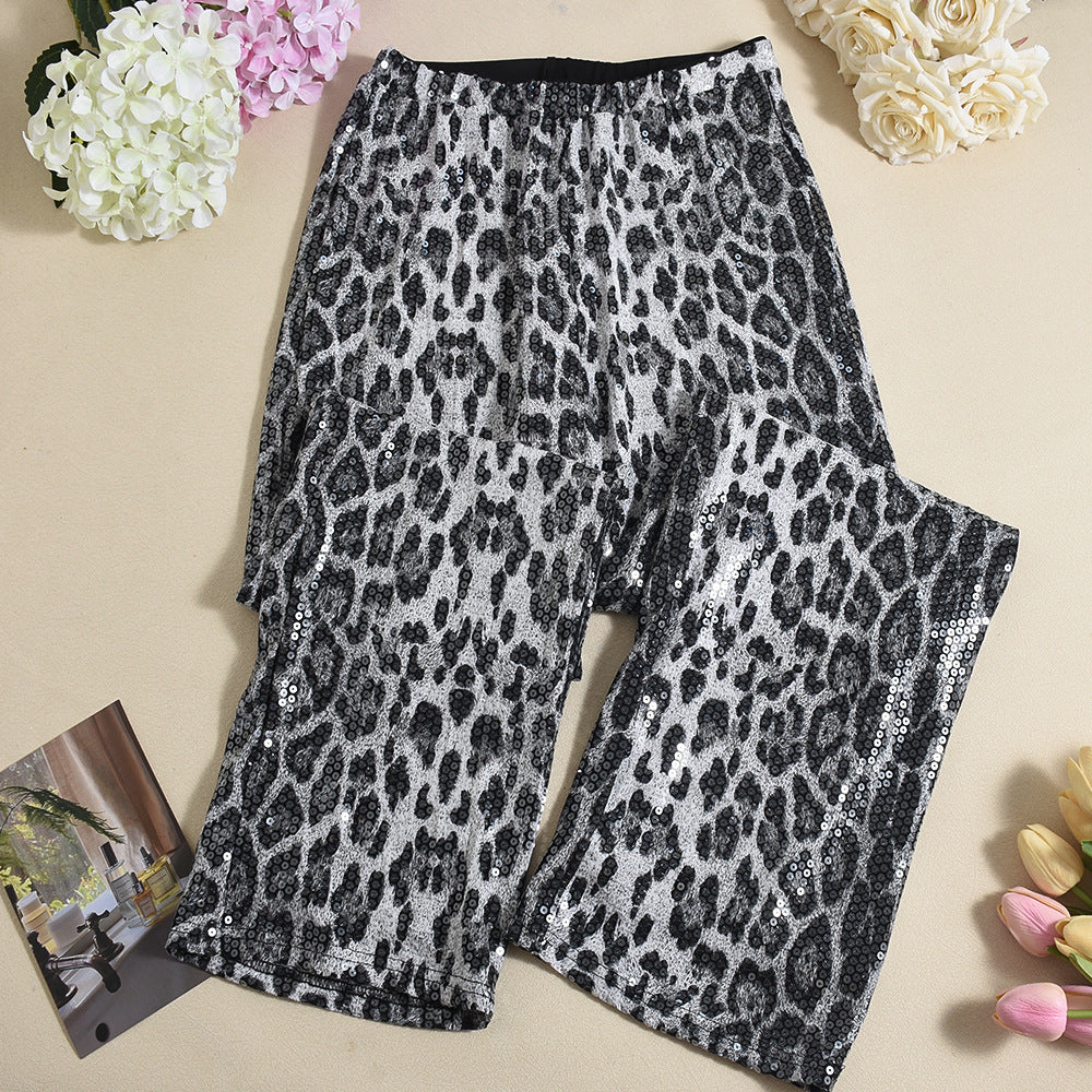 Leopard Print Straight-leg Trousers with Sparkling Sequins Detail