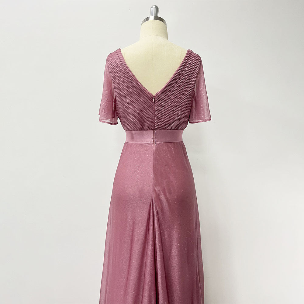 Chiffon Maxi Dress with Flared Sleeves and Handmade Pleats