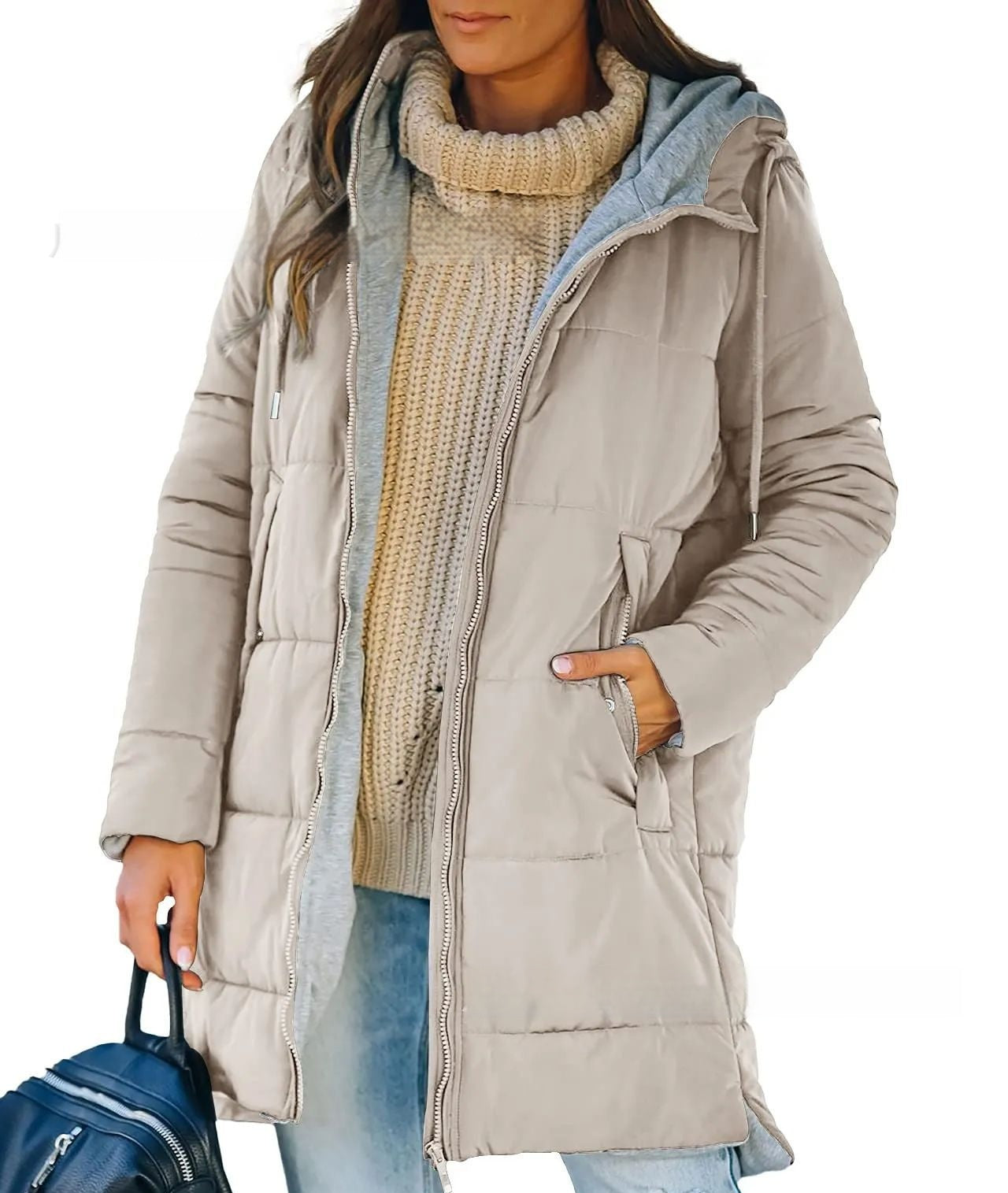 Hooded Solid Color Pocket Long Cotton Jacket Coat for All Seasons