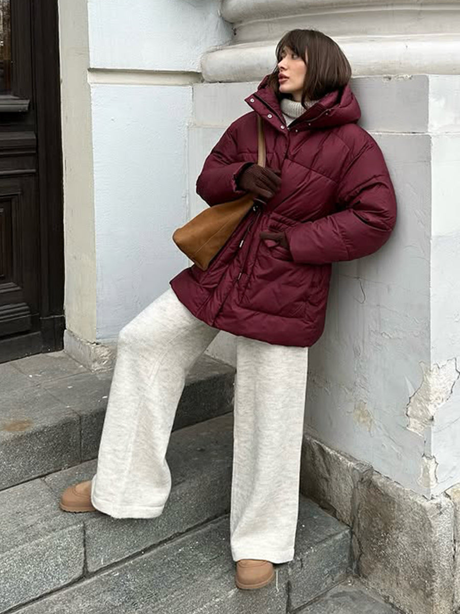 Hooded Cotton Jacket with Lace-up Waist and Zipper Closure