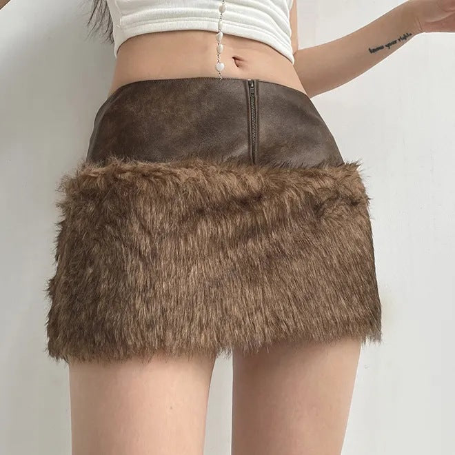 Retro Short Furry Skirt with Stylish Zipper Detail
