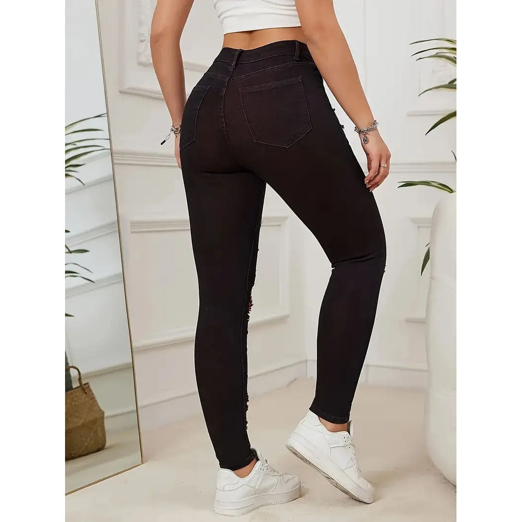 Denim Trousers with Ripped Contrast Colors for Street Fashion Style