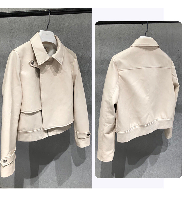 Retro Short Genuine Leather Jacket with Stylish Button Detail