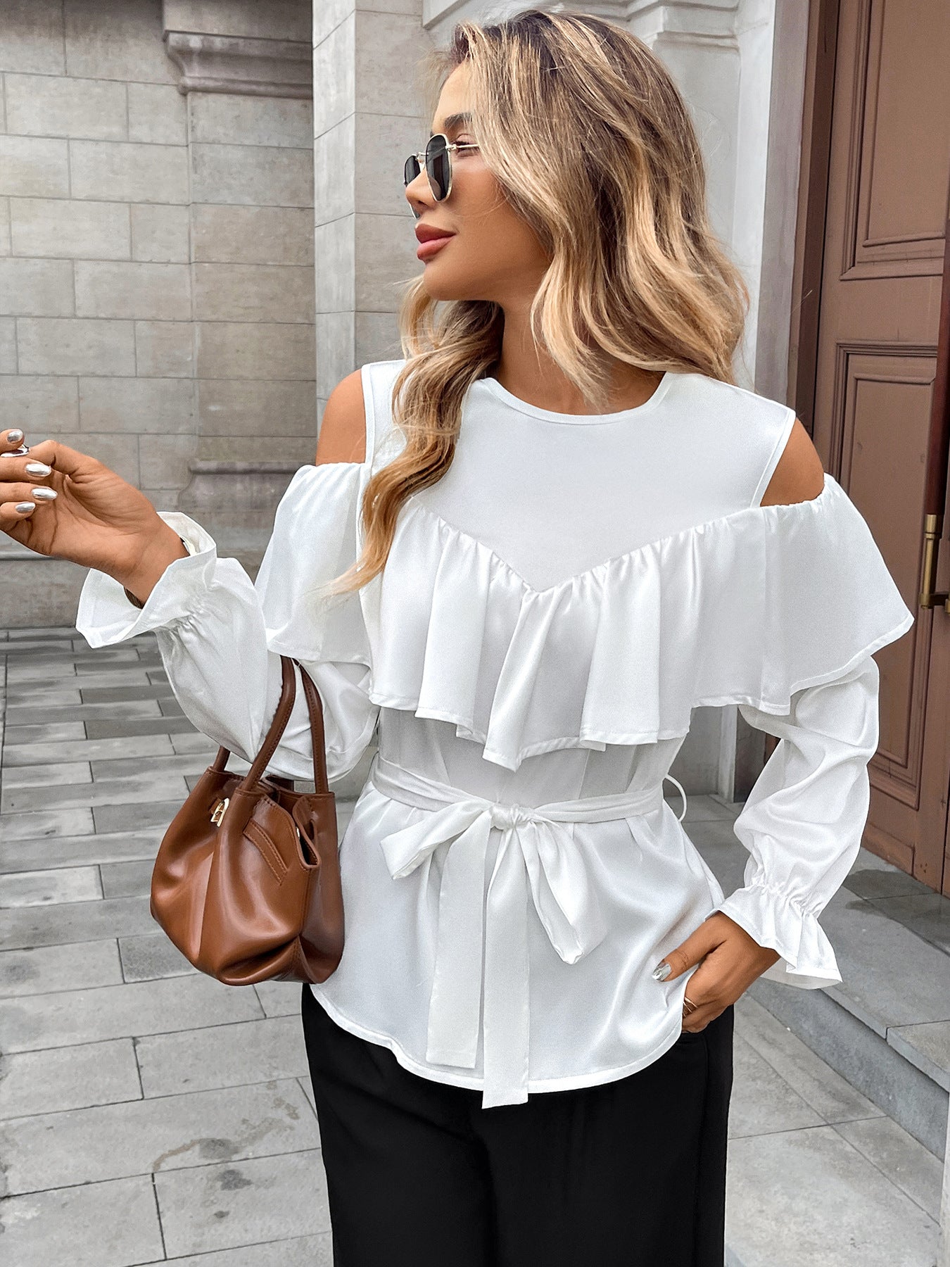 Long-sleeved Ruffled Off-the-shoulder Lace-up Shirt for Stylish Looks