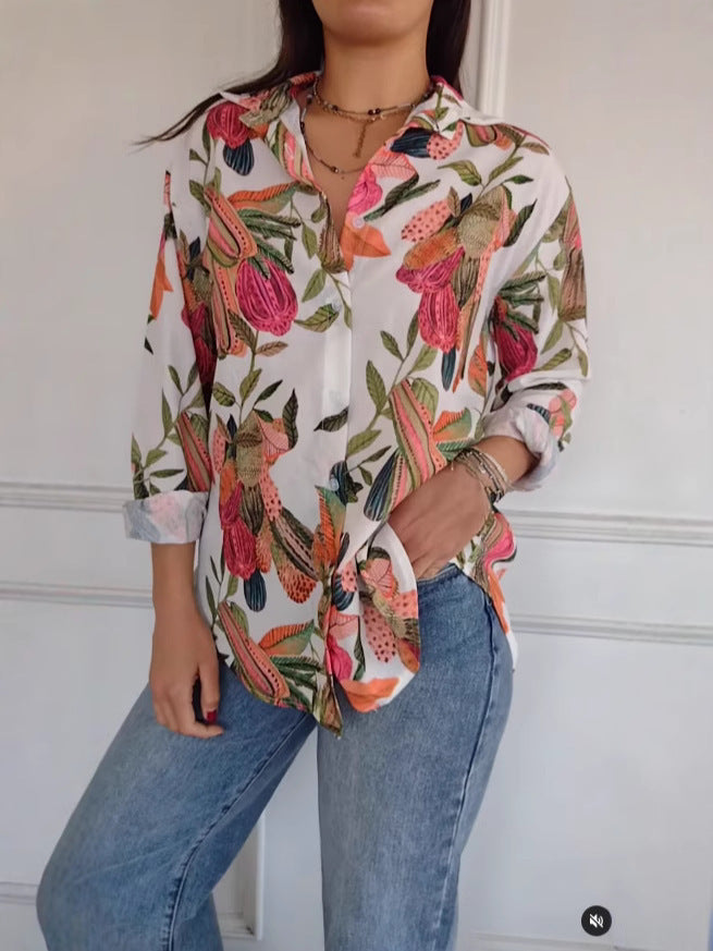 Casual Print Shirt Top with Floral Patterns and Long Sleeves