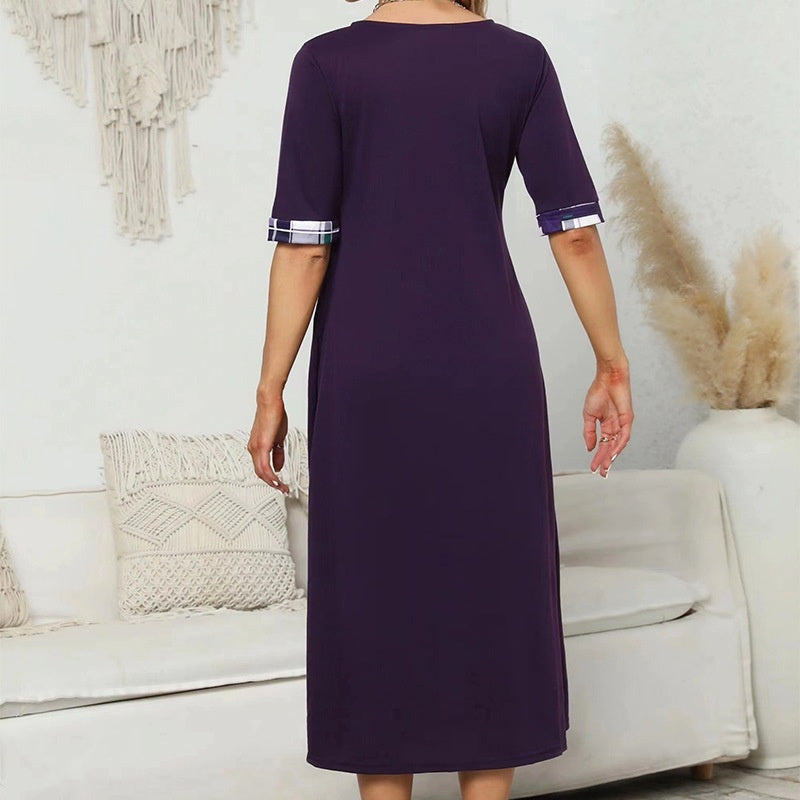 Round Neck Contrast Color Half Sleeve Irregular Long Dress