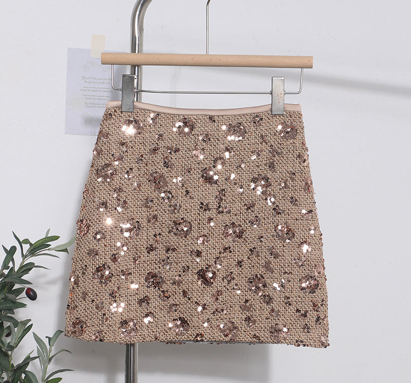 Sequined Red A-Line Skirt with High Waist Slimming Design