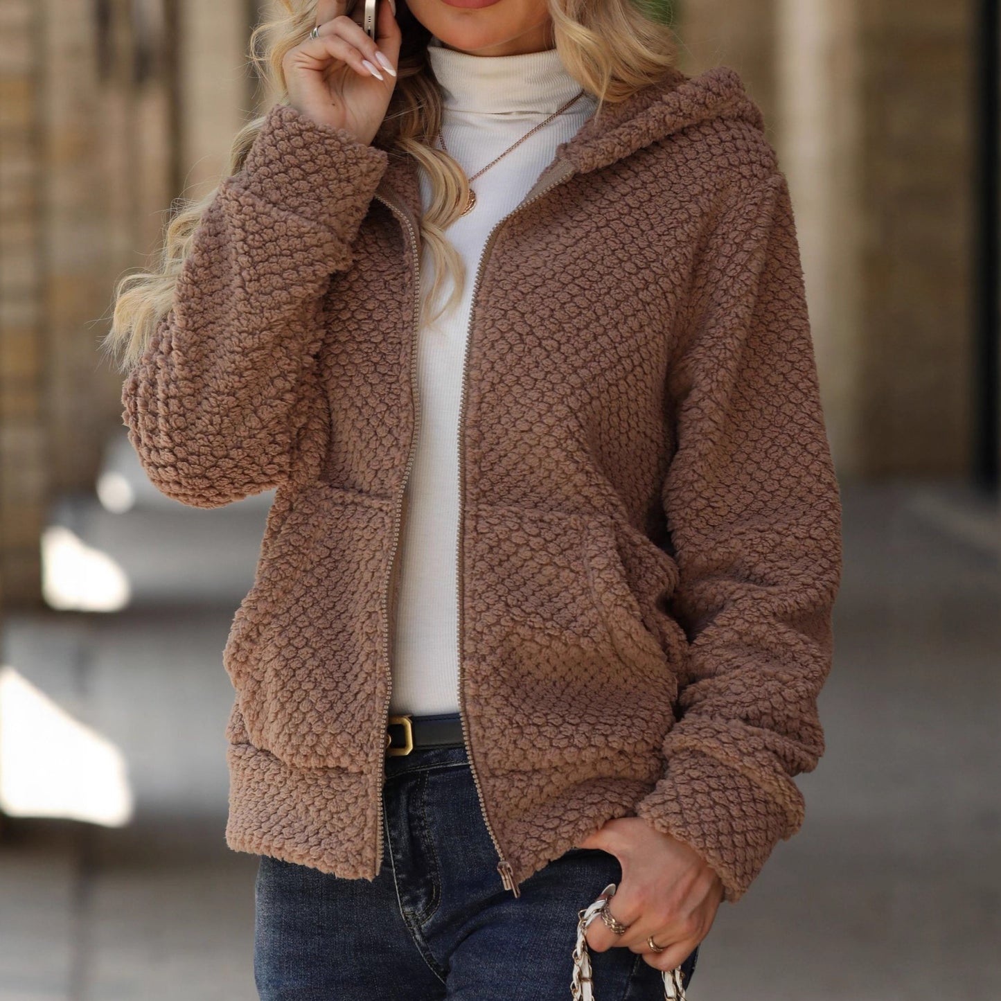 Loose Pocket Hooded Zipper Plush Jacket for Autumn and Winter