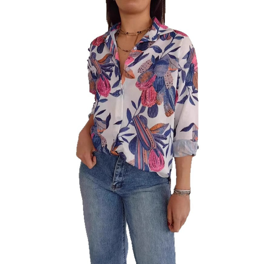 Casual Print Shirt Top with Floral Patterns and Long Sleeves