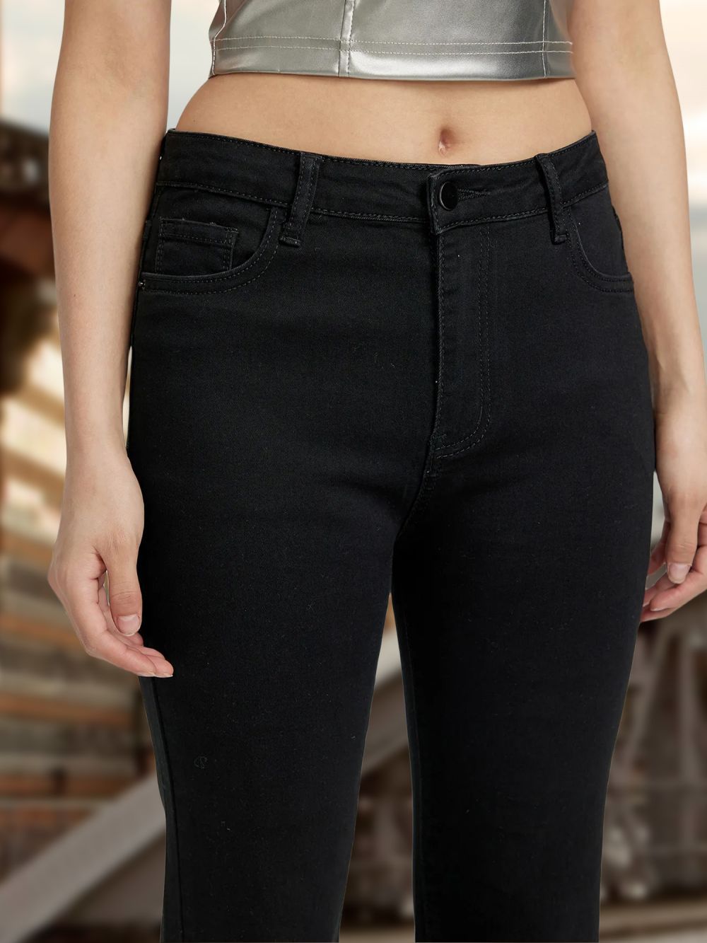 Mid-waist Retro Denim Bell-bottom Pants with Stretch Fabric Design