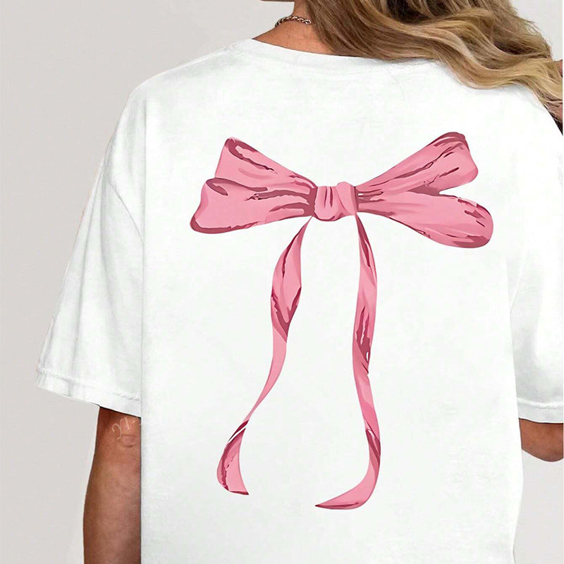 Round Neck Polyester Short-Sleeved Top with Bow Print Design