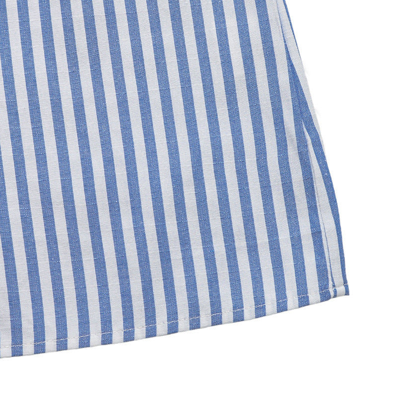 Puff Sleeve Stand Collar Striped Dress with A-Line Skirt Style