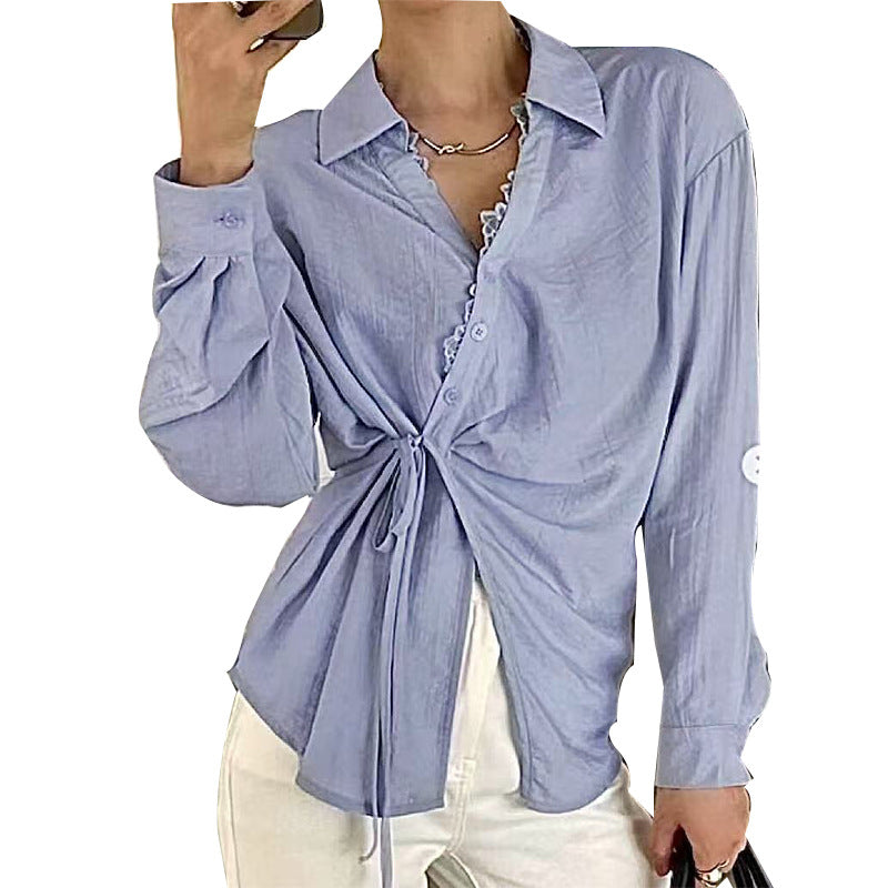 Blue Long Sleeved Shirt with Lace-up Cardigan Style