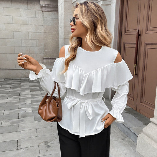 Long-sleeved Ruffled Off-the-shoulder Lace-up Shirt for Stylish Looks