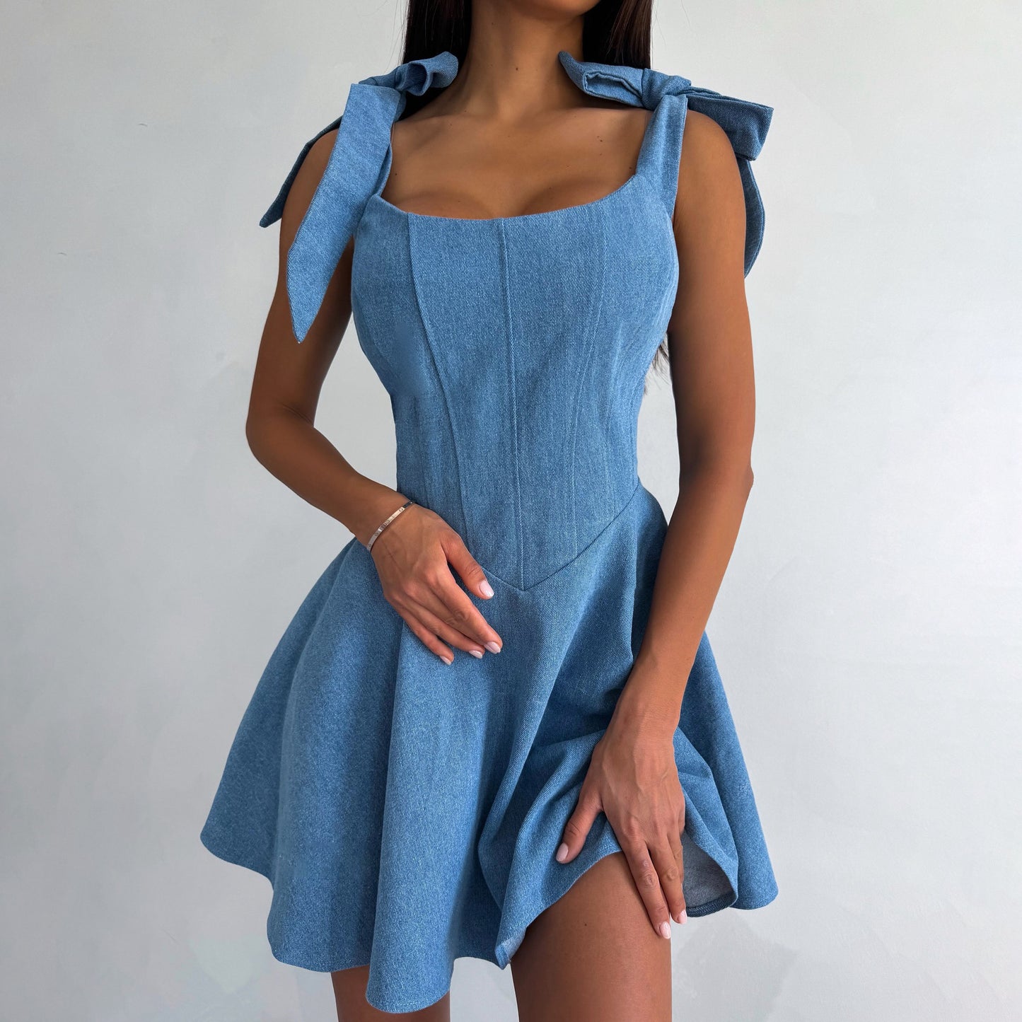 Square Collar Lace Up Fishbone Waist Dress with A-Line Skirt