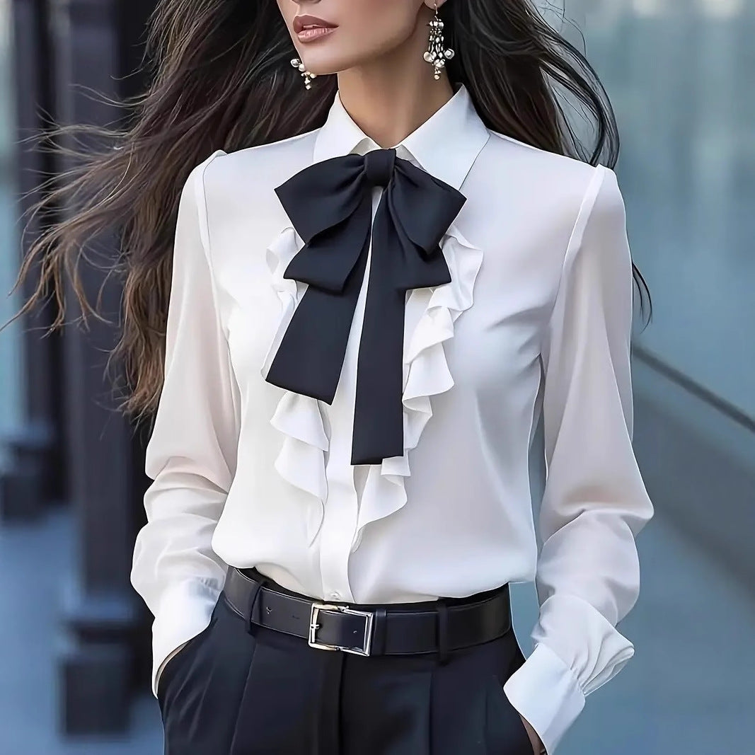 Ruffled Design Shirt with Tied Bow for Chic Style