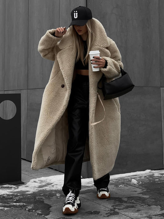 Polyester Long Button Cashmere Coat with Luxurious Fur Collar