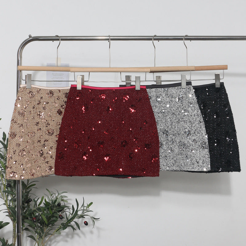 Sequined Red A-Line Skirt with High Waist Slimming Design