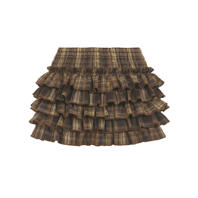 Plaid Pleated Slim-fit Tutu Skirt with Contrast Color Design