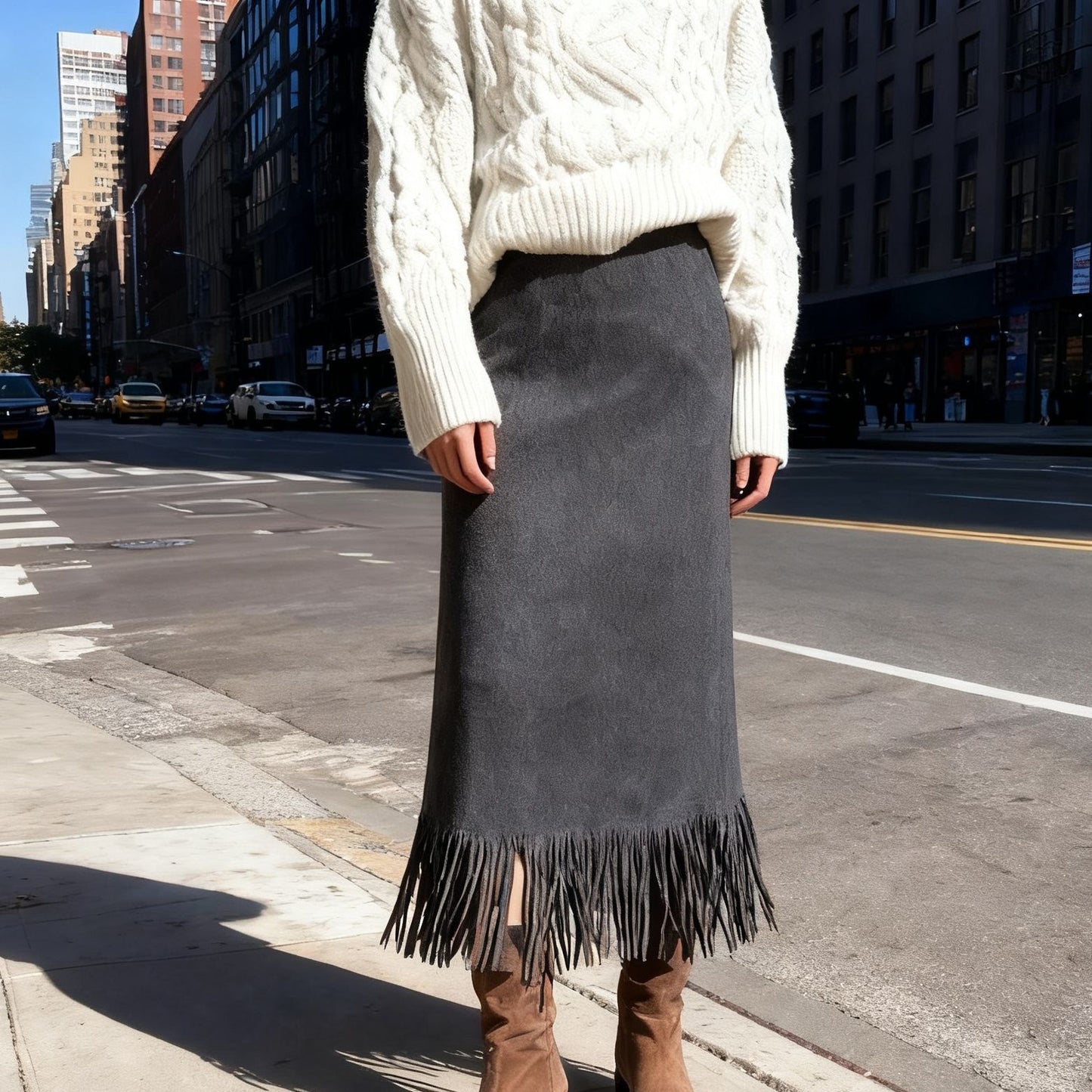 Suede Skirt with Tassel Detail for a Chic Mid-Length Look