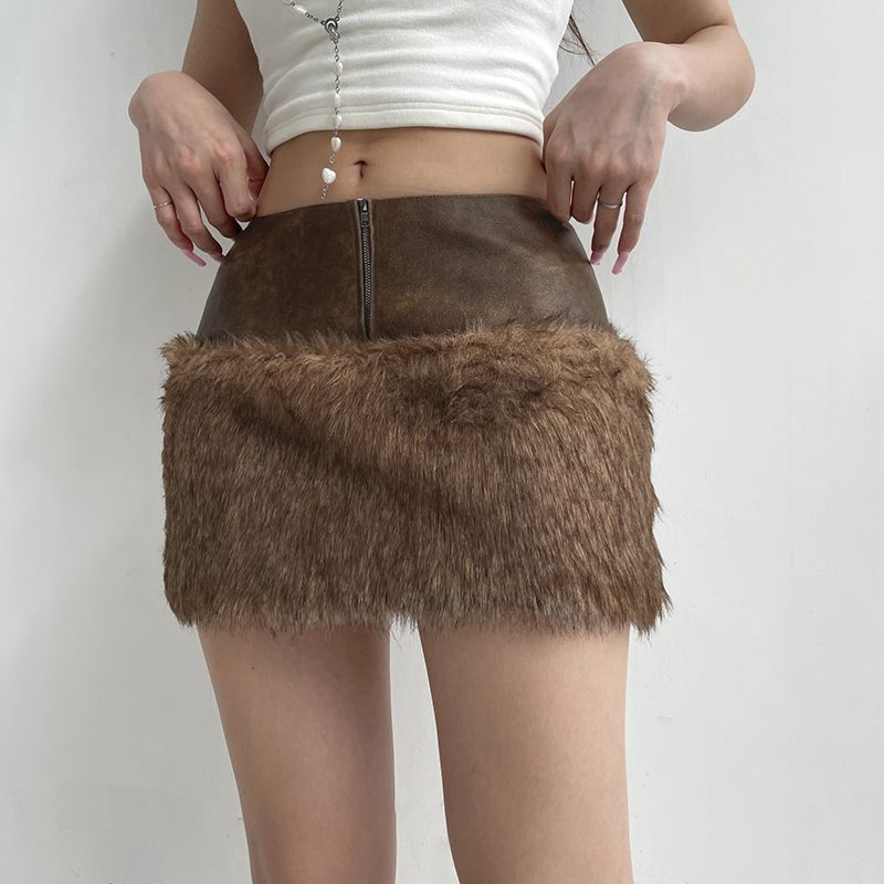 Retro Short Furry Skirt with Stylish Zipper Detail
