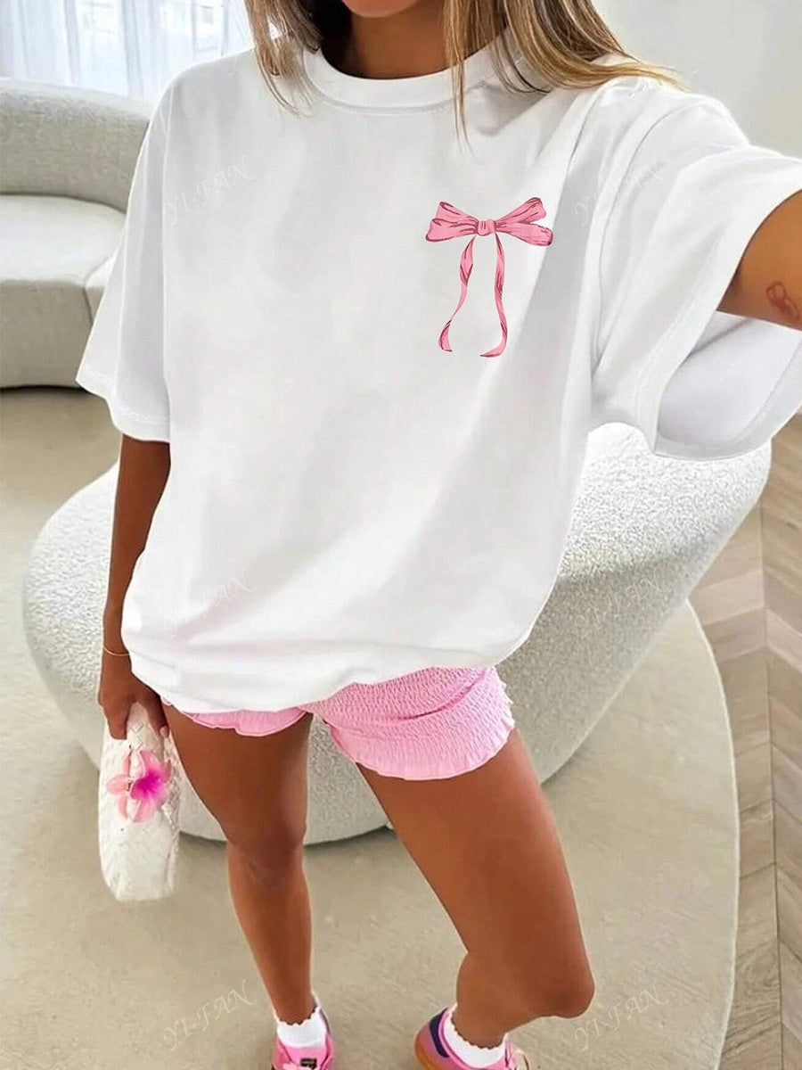 Round Neck Polyester Short-Sleeved Top with Bow Print Design