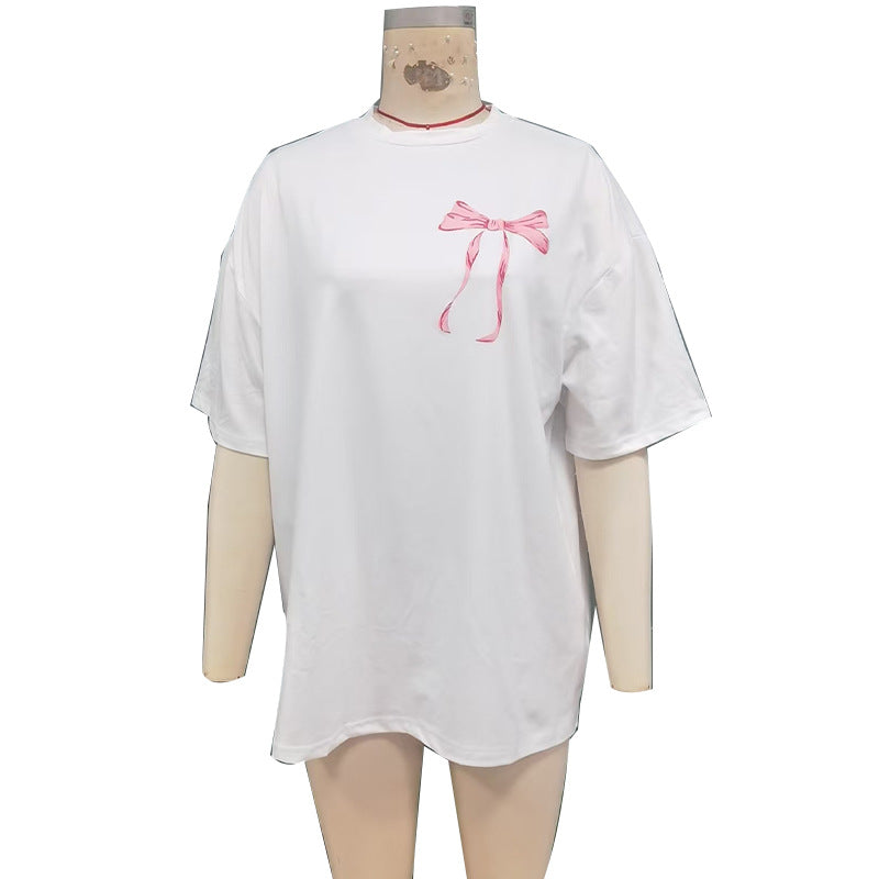 Round Neck Polyester Short-Sleeved Top with Bow Print Design