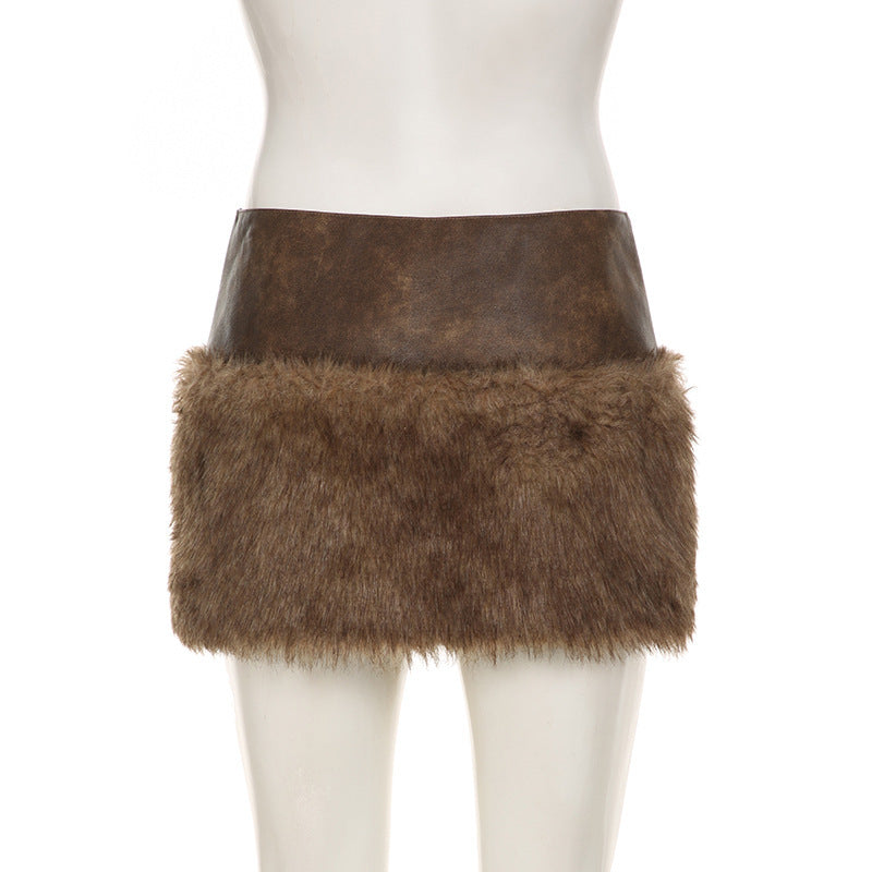 Retro Short Furry Skirt with Stylish Zipper Detail