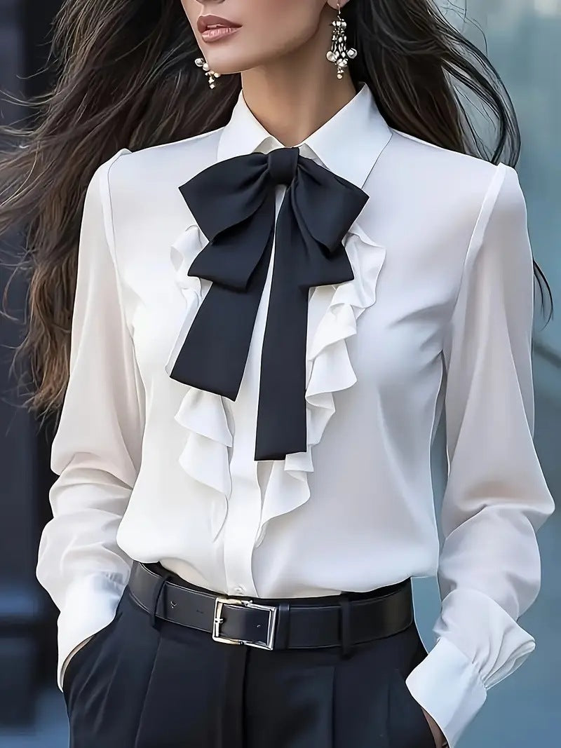 Ruffled Design Shirt with Tied Bow for Chic Style