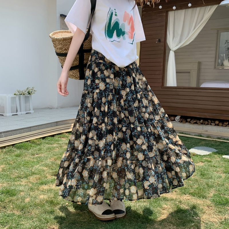 A-Line Chiffon Floral Skirt with Colorful Print Style