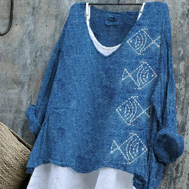 Pullover Fish Loose Casual Long Sleeves Printed Blouse