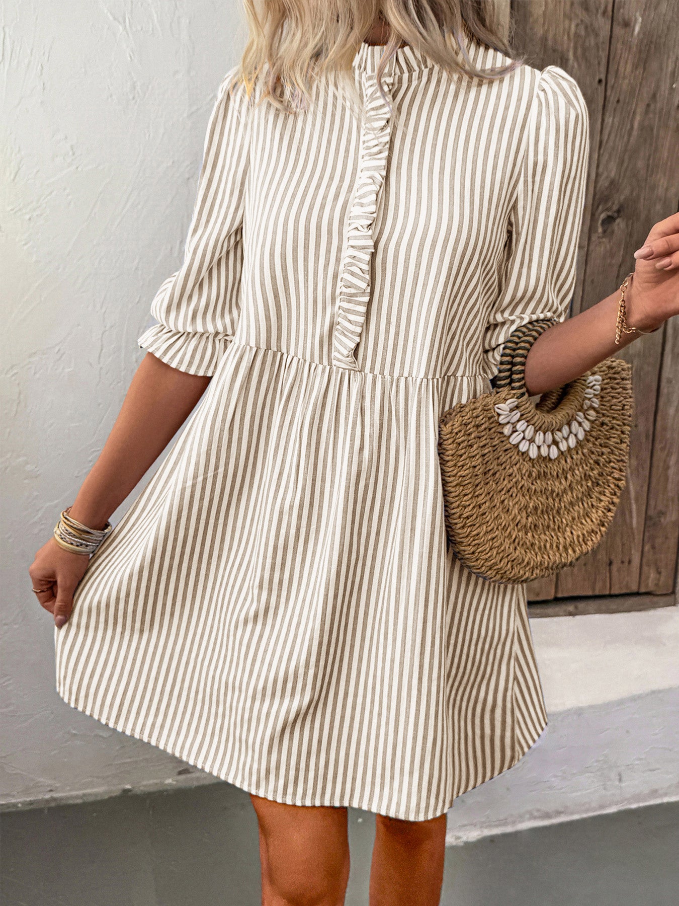 Puff Sleeve Stand Collar Striped Dress with A-Line Skirt Style