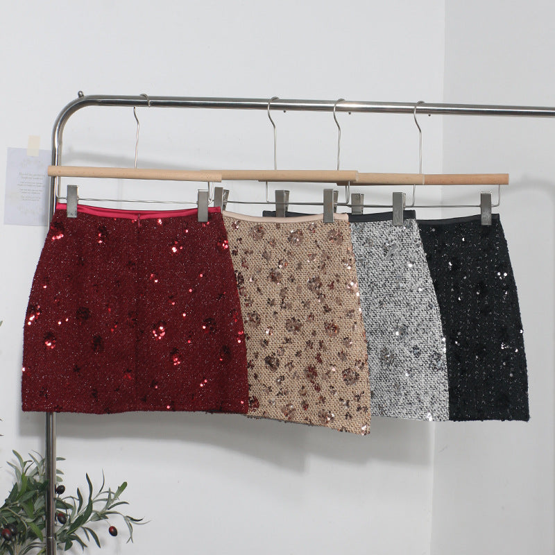 Sequined Red A-Line Skirt with High Waist Slimming Design