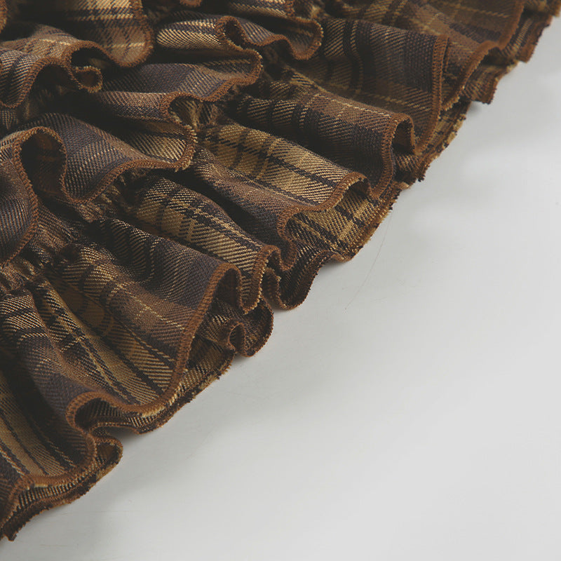 Plaid Pleated Slim-fit Tutu Skirt with Contrast Color Design
