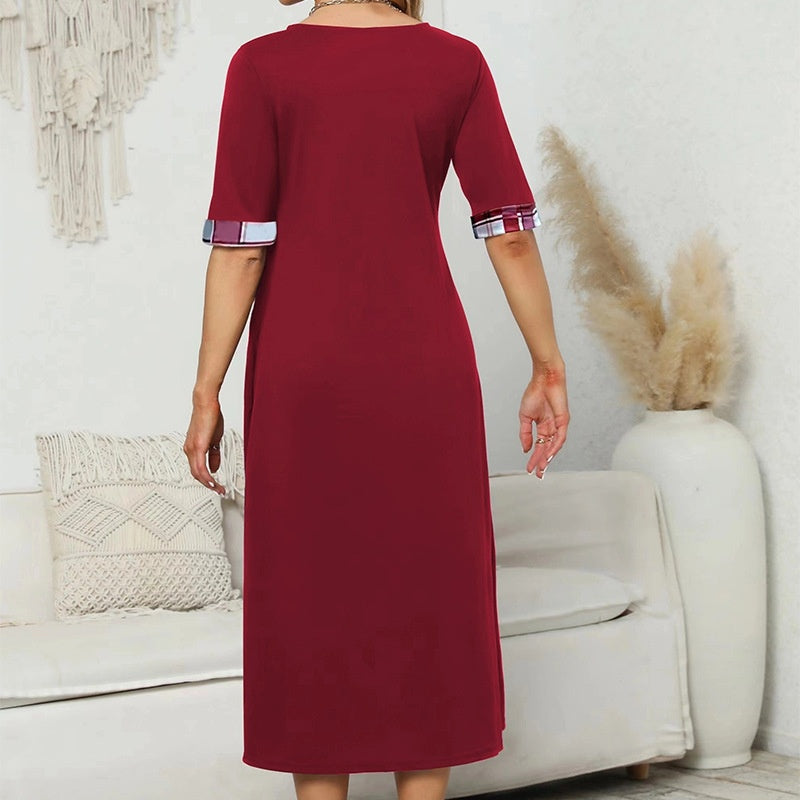 Round Neck Contrast Color Half Sleeve Irregular Long Dress