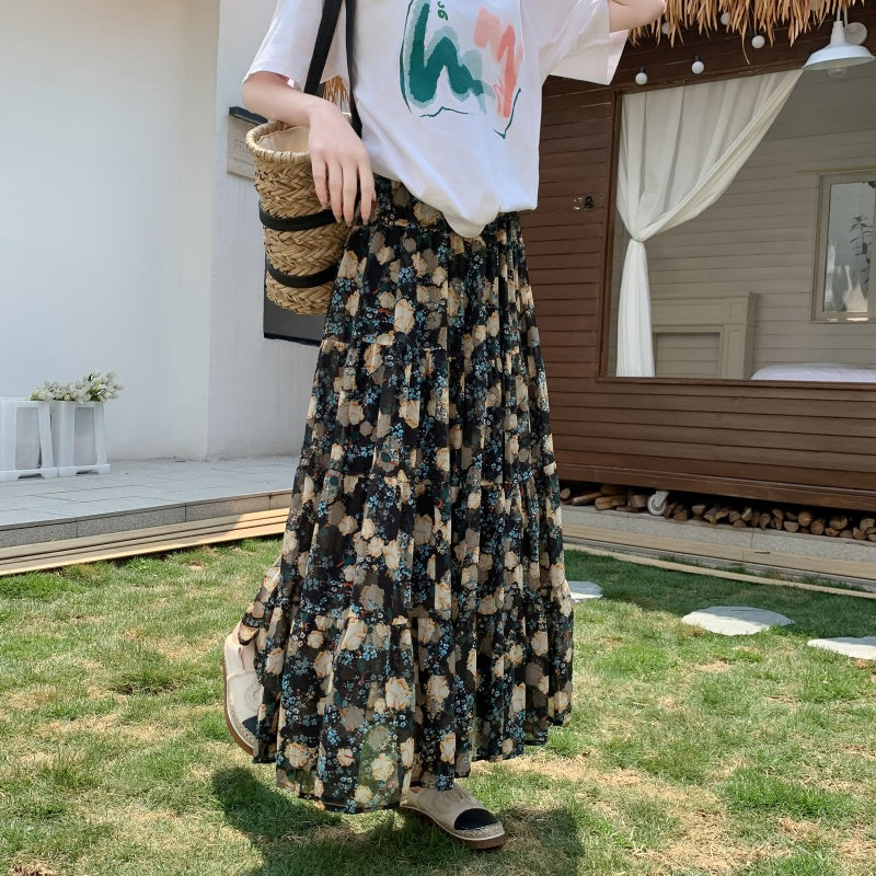 A-Line Chiffon Floral Skirt with Colorful Print Style