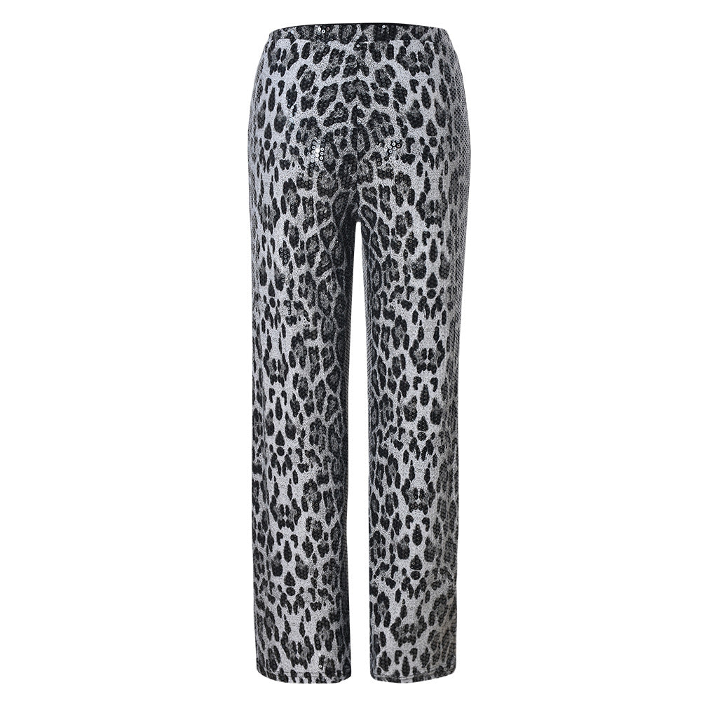 Leopard Print Straight-leg Trousers with Sparkling Sequins Detail