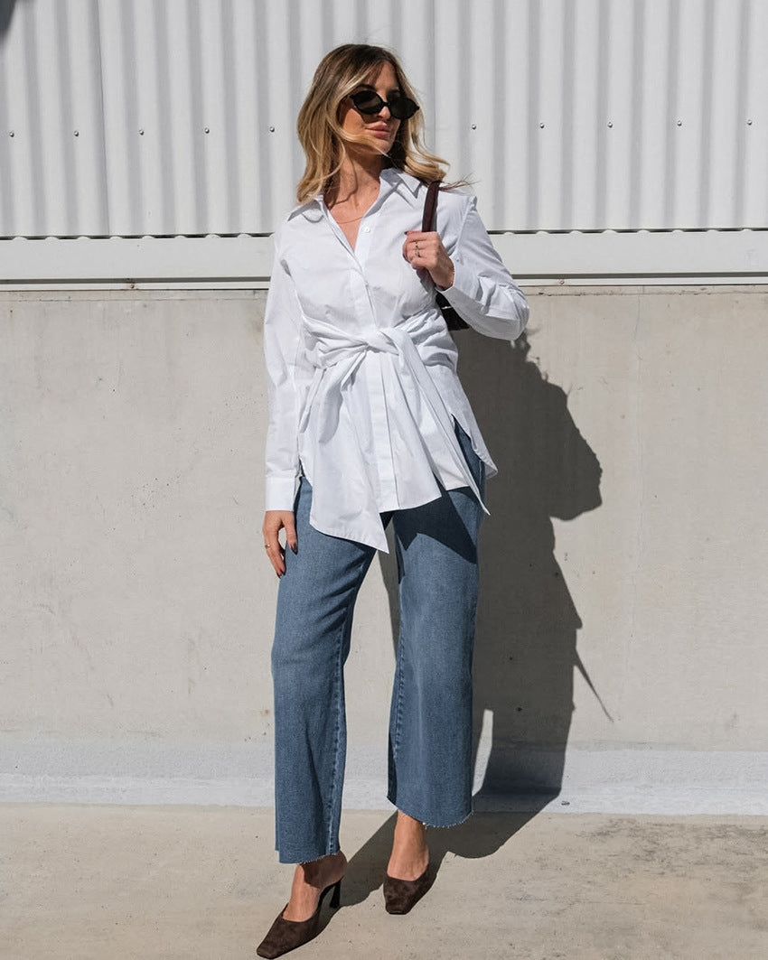 Cotton Blouse with Lace-up Waist Trimming for Casual Style