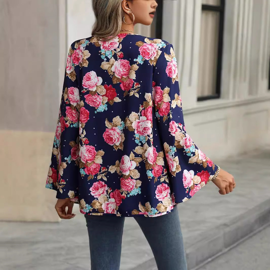 V-neck Floral Bell Sleeve Blouse with Casual Style and Print Design